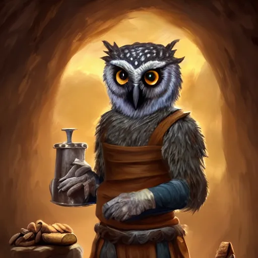 Prompt: High Fantasy whimsical portrait painting of a wise humanoid owl with a human shaped body, working in a blacksmith, talon claws for feet, leg high, wearing an apron, wearing fantasy clothing, cgsociety, trending on artstation, dnd