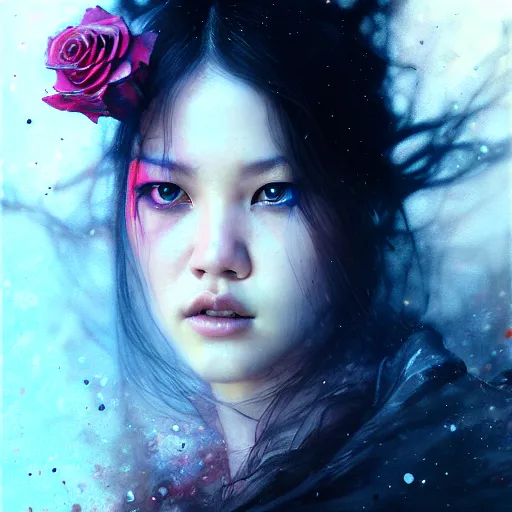 Image similar to rose of blackpink, hyperrealistic portrait, bladerunner street, by karol bak and agnes cecile, fantasy art, photo realistic, dynamic lighting, artstation, poster, volumetric lighting, very detailed face, intricate complexity, 8 k, award winning