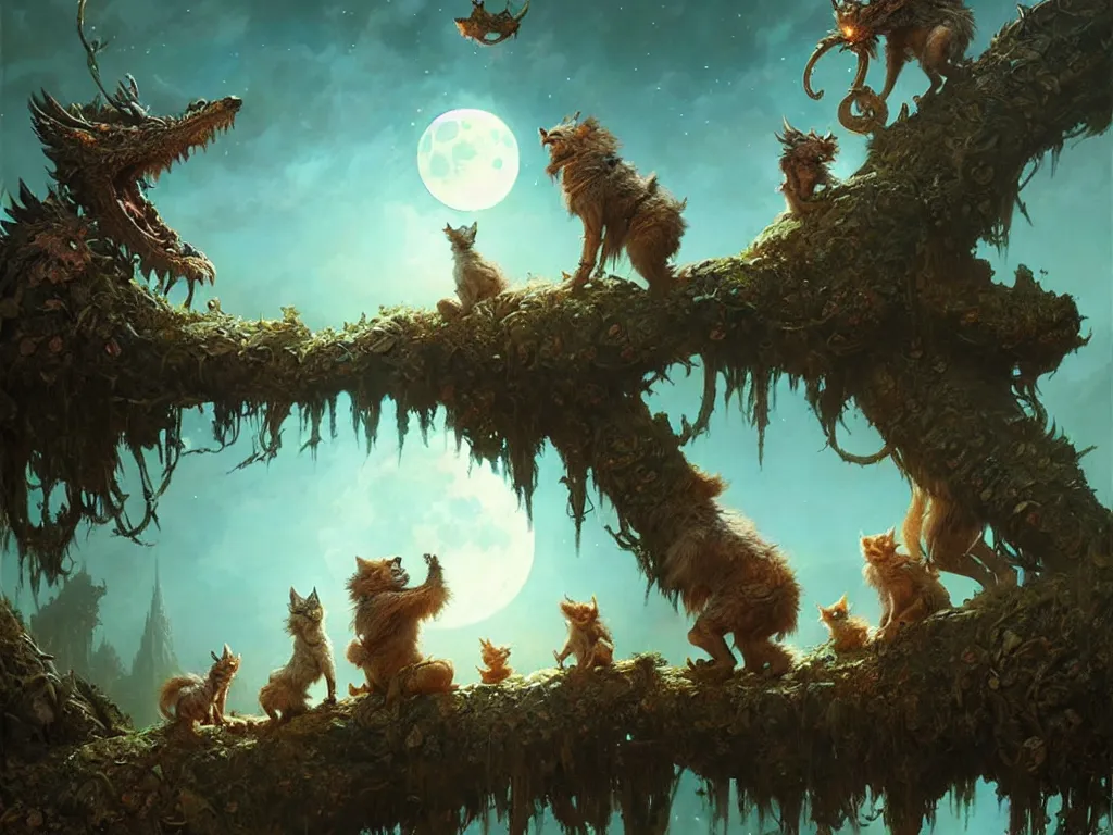 Prompt: cute fantasy critters looking at the moon, ultra realistic, concept art, intricate details, highly detailed by greg rutkowski, gaston bussiere, craig mullins, simon bisley