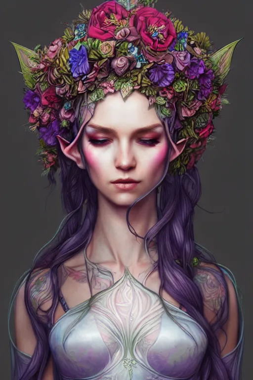 Prompt: digital art, centered elven bride, vivid flower crown ,intricate, veins, by James Jean and by artgerm , ultradetailed, charachter design, concept art, trending on artstation,