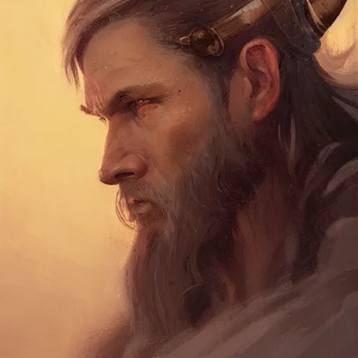 Image similar to a beautiful artwork side profile portrait of a viking with horns by greg rutkowski , featured on artstation, norse mythology, valhalla