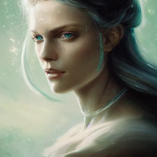Prompt: portrait of a beautiful young woman with bright blue eyes, flowing white hair, dressed in a green, detailed face, fantasy, highly detailed, cinematic lighting, digital art painting by greg rutkowski, trending on artstation, very very beautiful, very attractive