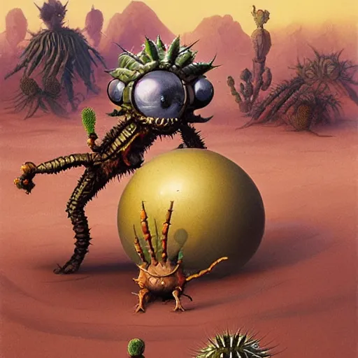 Prompt: ball creature covered with eyes, with two antennas, in the desert next to a cactus, d & d, fantasy, greg rutkowski, frank frazetta, alexandre chaudret, boris vallejo, michael whelan, miro petrov, hr giger, magali villeneuve, donato giancola