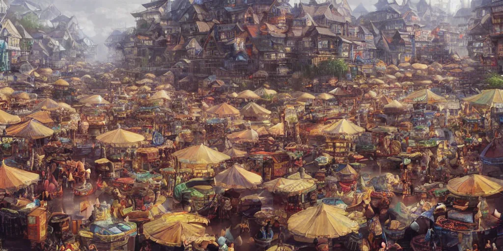 Image similar to A close up view of a busy market in a fantasy asian town on a river, by John Howe and Dean Cornwell, cinematic, very detailed, Trending on artstation.