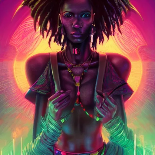 Image similar to african neon necromancer, science fiction, highly detailed, digital painting, beautiful eyes, symmetry, concept art, sharp focus, illustration, global illumination, radiant light, synthwave colors, detailed and intricate environment, art by artgerm and greg rutkowski and magali villeneuve and ilya kuvshinov!