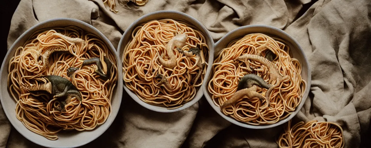 Image similar to two dinosaurs fighting to the death, inside a bowl of spaghetti, canon 5 0 mm, cinematic lighting, photography, retro, film, kodachrome