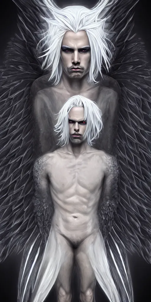 Prompt: full body image of a symmetric detailed terrifying male - angel with white hair with detailed white wings flying in black smoke, ultra realistic, epic, highly detailed, hd, sharp focus, cinematic lighting, realistic, vivid colors, gritty, matt painting, digital art, non blurry, sharp, artstation, concept art, smooth, illustration.