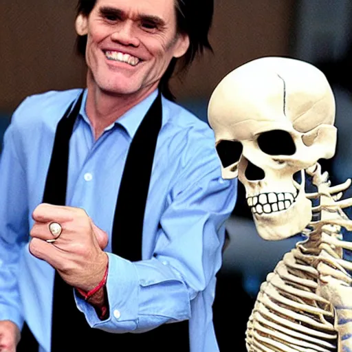 Prompt: jim carrey dancing with a skeleton