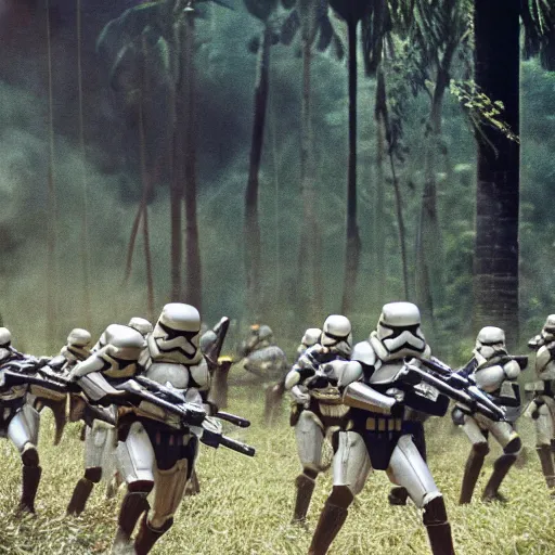 Image similar to star wars clone troopers combat soldiers in vietnam, photo, old picture, lush landscape, jungle, firearms, explosions, helicopters, aerial combat, active battle zone, flamethrower, air support, jedi, land mines, gunfire, violent, star destroyers, star wars lasers, sci - fi, jetpacks, agent orange, bomber planes, smoke, trench warfare