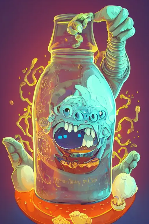 Image similar to highly detailed, 3 d cartoon, intricate stunning image of animation monster with big tongue several hands, beer jar, ice cream, big eyes, fur blue colours a glowing aura stuff loot legends stylized digital illustration video game icon artstation lois van baarle, ilya kuvshinov, rossdraws,