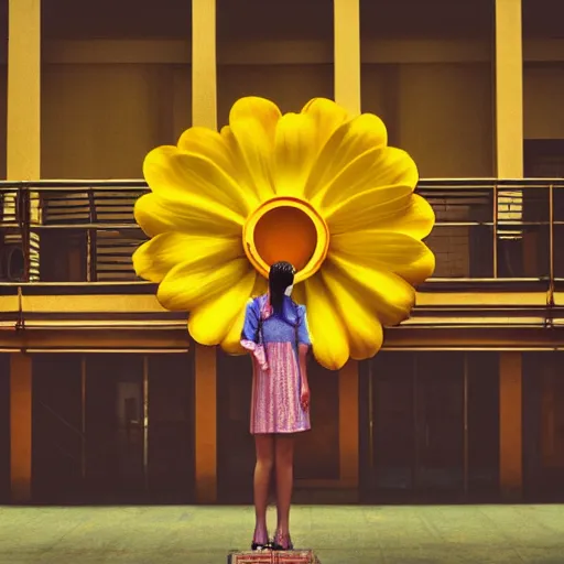 Image similar to giant flower head, frontal, girl standing in mid century hotel, surreal, symmetry, bright colors, cinematic, wes anderson