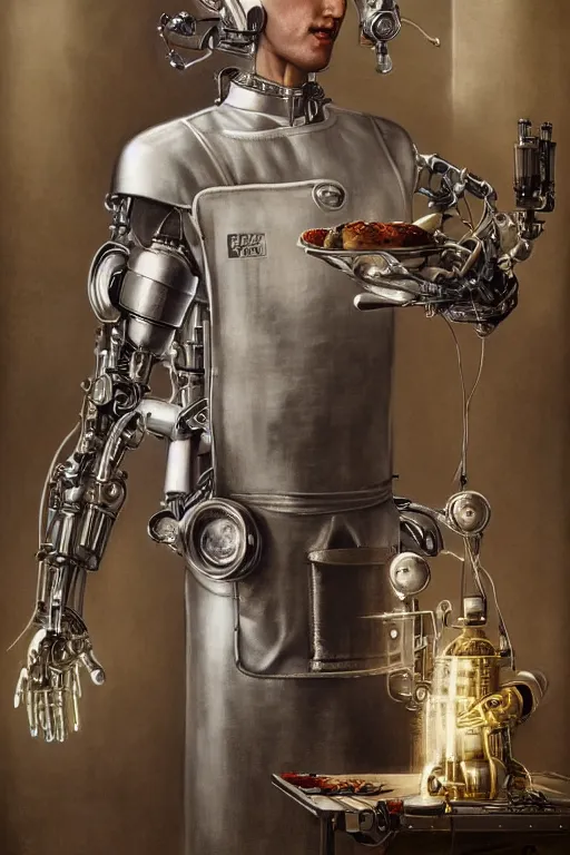 Image similar to a beautiful ultradetailed vintage photo of a futuristic cybernetic cyborg male wearing a tall white chef hat and an apron, by tom bagshaw and anna dittman, portrait, 3 5 mm lens, golden ratio composition, detailed face, studio photography, very detailed, humanoids, industrial robots, artstation, 8 k, highly coherent