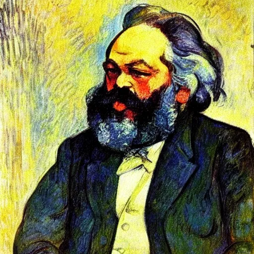 Prompt: beautiful post - impressionist painting portrait of karl marx by, henri de toulouse - lautrec, camille pissarro, paul cezanne, henri rousseau, henri - edmond