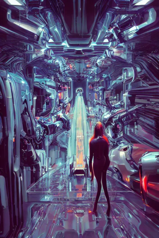 Prompt: the most amazing dream you ever had about beautiful woman transhumanism artificial intelligence singularity, robot factory, hyper realistic, concept art, intricate, hyper detailed, smooth, syd mead, high contrast, neon, volumetric lighting, octane, raytrace, moebius, snowcrash