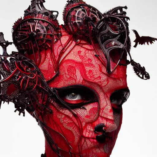 Image similar to a female harkonen model by stefan geselle and nekro borja, photorealistic, biomechanical, red lace, intricate details, hyper realistic, ornate headpiece, photorealistic, canon r 3, photography, wide shot, photography, dark beauty, symmetrical features