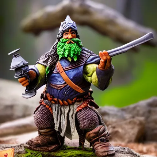 Image similar to high - res photograph of a claymation sculpture action figure warrior dwarf, highly detailed sculpey diorama, forest setting, waterfall backdrop, smooth, sharp foccus, commercial product photography,