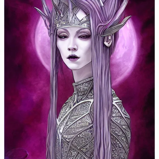 Prompt: portrait of young prophetess of the moon, silver filigree armor and tiara, purple hair, translucent skin, beautiful! coherent! by brom, by junji ito, strong line, high contrast, muted color