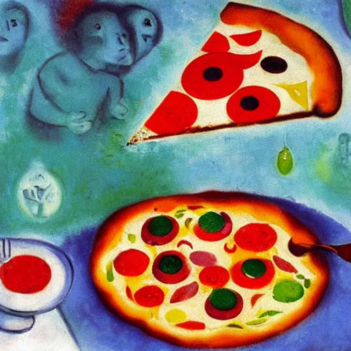 Prompt: oil painting of a pizza by chagall