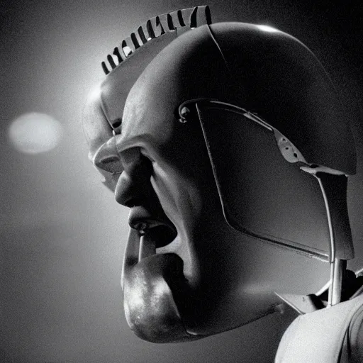 Image similar to movie scene of a man with a robot head, movie still, cinematic composition, cinematic lightning, Movie by David Lynch and Andrzej Żuławski