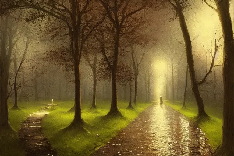 Image similar to beautiful painting of a path in an old england park at night, greg rutkowski, james gurney, artstation.