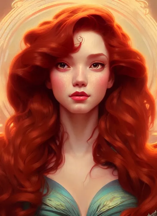 Image similar to portrait of disney ariel, intricate, elegant, highly detailed, my rendition, digital painting, artstation, concept art, smooth, sharp focus, illustration, art by artgerm and greg rutkowski and alphonse mucha and uang guangjian and gil elvgren and sachin teng, symmetry!!