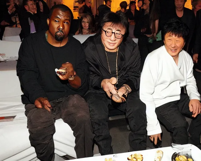 Image similar to Kayne West and Jackie Chan smoking one giant two foot joint, By Rainer Hosch