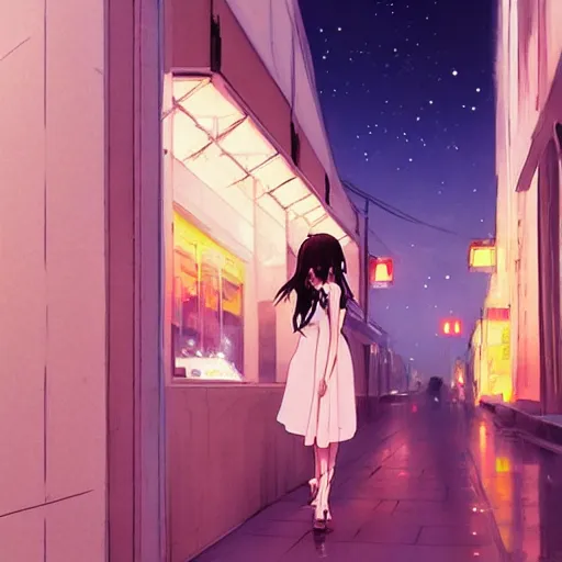 Image similar to a girl smoking, beautiful face, street at night, long hairfine art painting by makoto shinkai, featured on pixiv, hd