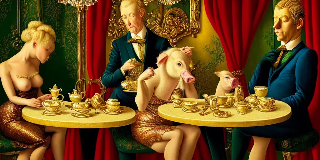 Image similar to a blonde and a mallard and a pig having tea at the ritz, abstract oil painting by gottfried helnwein pablo amaringo raqib shaw zeiss lens sharp focus high contrast chiaroscuro gold complex intricate bejeweled