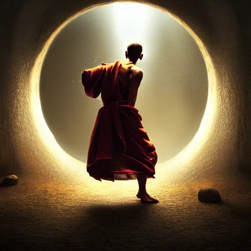 Image similar to concept art a monk discovering a portal to enlightenment, 8 k, cinematic lighting, dark, detailed, crisp, clarity, crisp, ornate, luxury, elite, zen, cinematic