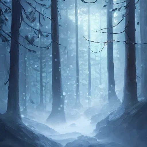 Prompt: a painting of a forest with lots of snow flakes, a detailed matte painting by shin yun - bok, cgsociety contest winner, fantasy art, bioluminescence, speedpainting, concept art