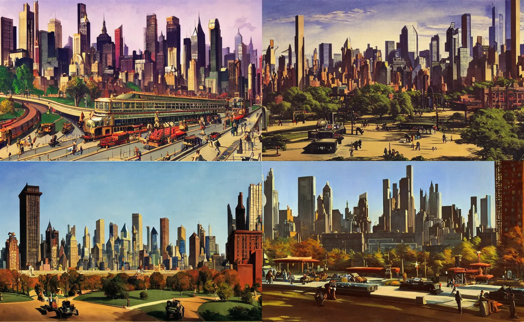 Prompt: a skyline view of steampunk Central Park, painting by Syd Mead and Edward Hopper