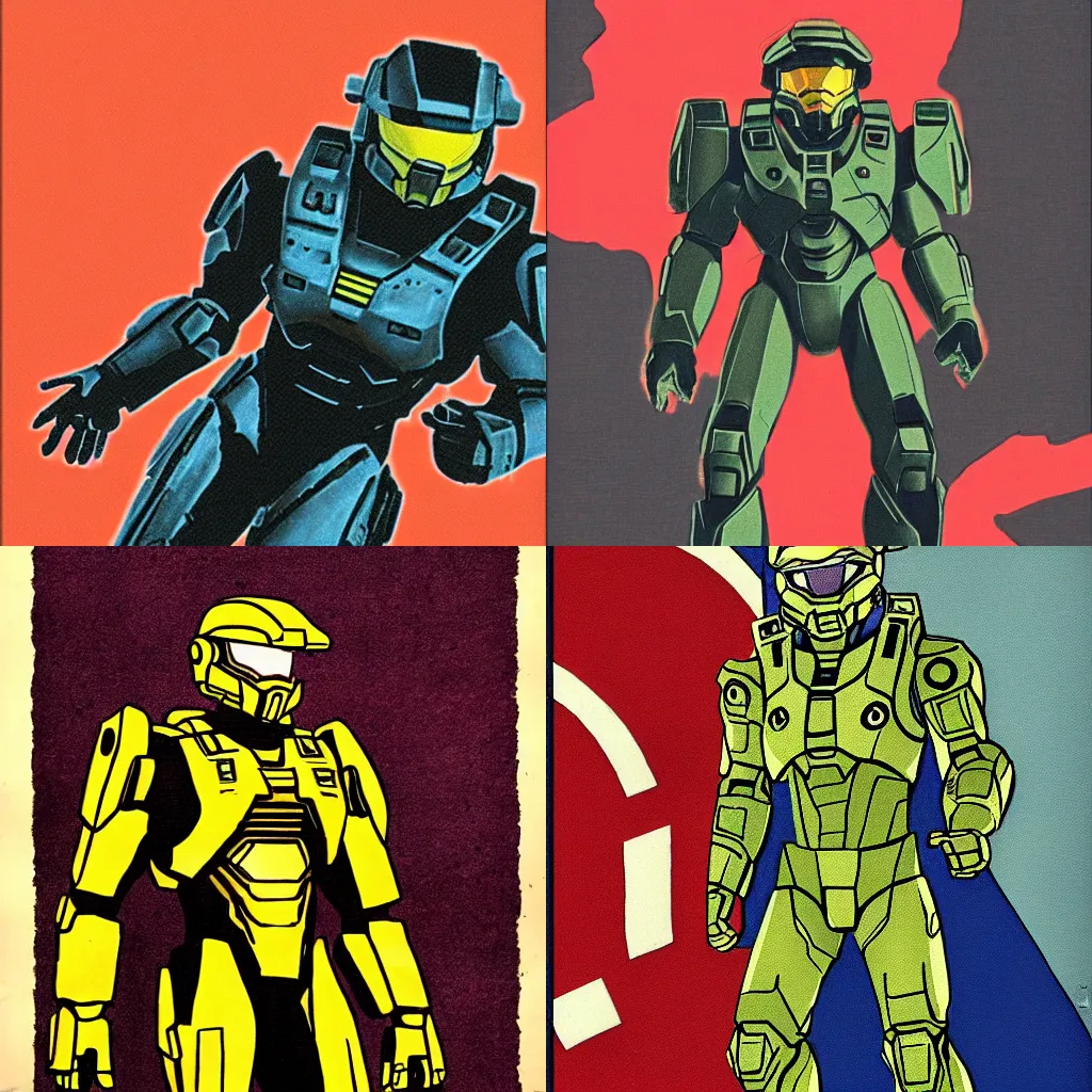 Prompt: Master chief from halo, colored like Ironman, 1970s vintage art,