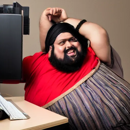 Prompt: a slightly overweight bangleshi man with a black beard playing on his 5000 dollar pc