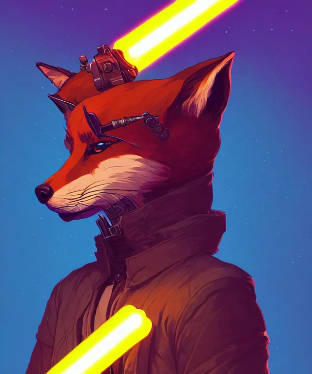Prompt: a portrait of an anthropomorphic cyberpunk fox holding a light saber, fantasy, elegant, digital painting, artstation, concept art, matte, sharp focus, illustration, art by josan gonzalez