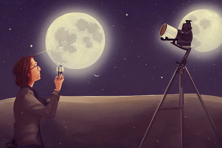 Prompt: an astronomy teacher looking up on a telescope, moon, clear skies, starry skies by Charlie Bowater