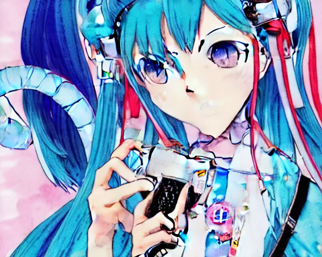 Image similar to a high detail watercolor of Hatsune Miku taking a selfie by Yukito Kishiro and katsuhiro otomo, illustration, hyper-detailed, colorful, complex, intricate, masterpiece, epic