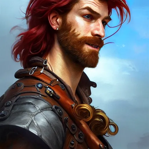 Image similar to portrait of a young ruggedly handsome but joyful pirate, male, masculine, upper body, red hair, long hair, d & d, fantasy, roguish smirk, intricate, elegant, highly detailed, digital painting, artstation, concept art, matte, sharp focus, illustration, art by artgerm and greg rutkowski and alphonse mucha