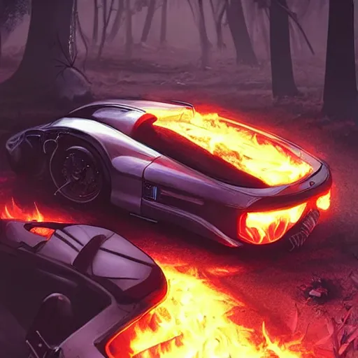 Image similar to cyberpunk car on fire in the middle of the woods stylized artgerm artstation hd cgsociety cgi realistic dramatic cinematic artistic trending detailed
