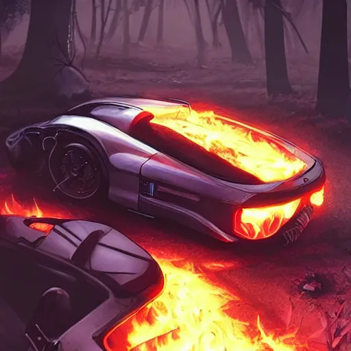 Prompt: cyberpunk car on fire in the middle of the woods stylized artgerm artstation hd cgsociety cgi realistic dramatic cinematic artistic trending detailed