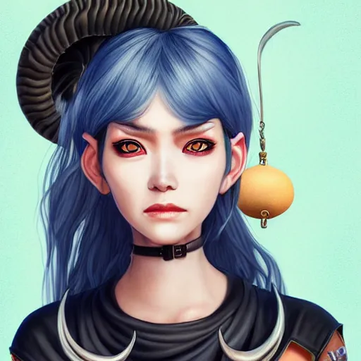 Image similar to illustrated realistic portrait of ram-horned devil woman with blue bob hairstyle and her tan colored skin and with solid black eyes wearing leather by rossdraws