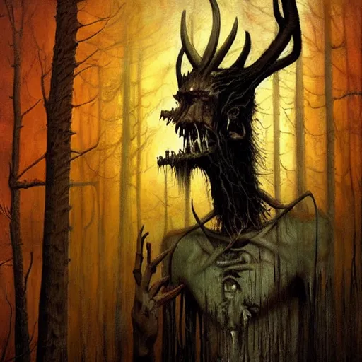 Prompt: an oil painting of wendigo by esao andrews. circa survive album cover art. dark. muted colors. gothic. oil painting with brush strokes. creepy.