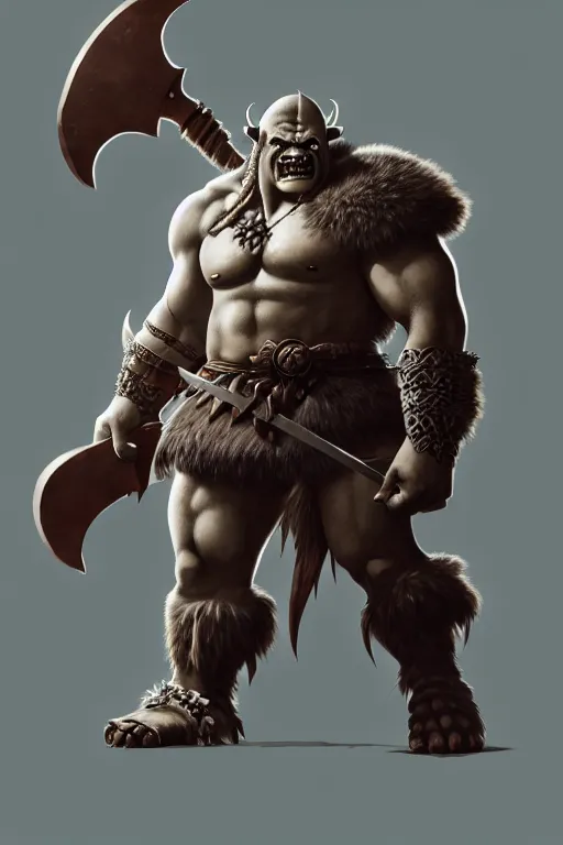 Image similar to orc barbarian wearing leather armor, full body shot, exquisite details, earth magic, mid view, design on a white background, by studio muti, greg rutkowski, makoto shinkai, takashi takeuchi, studio ghibli