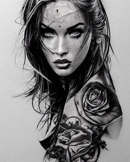 Image similar to creative double exposure effect tattoo design sketch of megan fox and beautiful mountains, realism tattoo, in the style of matteo pasqualin, amazing detail, sharp