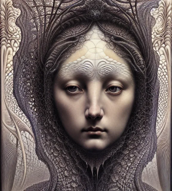 Image similar to detailed realistic beautiful moon goddess face portrait by jean delville, gustave dore, iris van herpen and marco mazzoni, art forms of nature by ernst haeckel, art nouveau, symbolist, visionary, gothic, neo - gothic, pre - raphaelite, fractal lace, intricate alien botanicals, ai biodiversity, surreality, hyperdetailed ultrasharp octane render