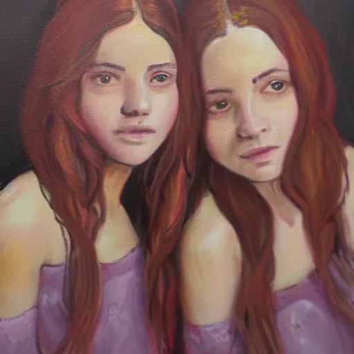 Image similar to a messy painting of twin sisters. Wendy and Susannah Melvin.Trending on ArtStation