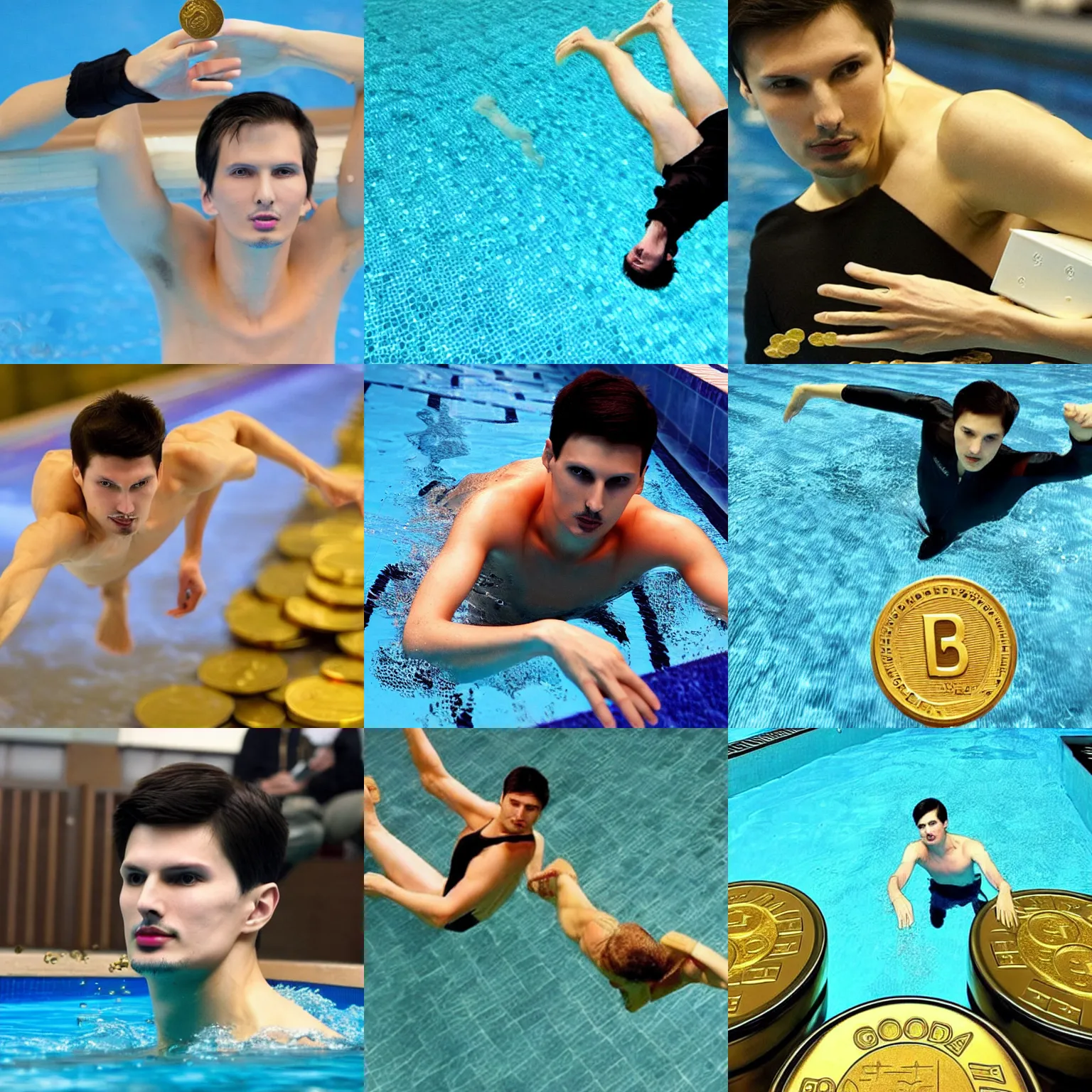 Prompt: pavel durov is diving into pool with golden coins