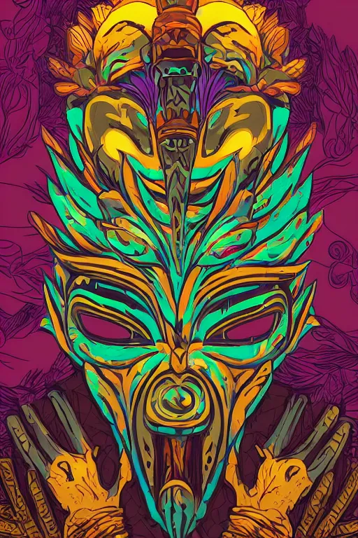 Image similar to animal mask totem roots flower tribal feather gemstone plant wood rock shaman vodoo video game vector cutout illustration vivid multicolor borderlands comics by josan gonzales and dan mumford radiating a glowing aura