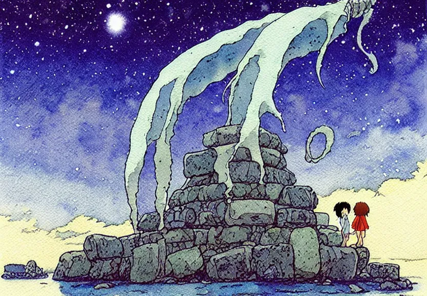 Prompt: a simple watercolor studio ghibli movie still fantasy concept art of stonehenge at the bottom of the ocean. a giant squid from princess mononoke ( 1 9 9 7 ) is holding large stones. it is a misty starry night. by rebecca guay, michael kaluta, charles vess