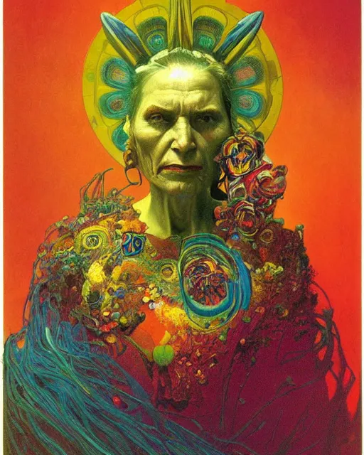 Image similar to rainbow flowerpunk portrait of a fierce old matriarch by paul lehr, beksinski, alphonse mucha