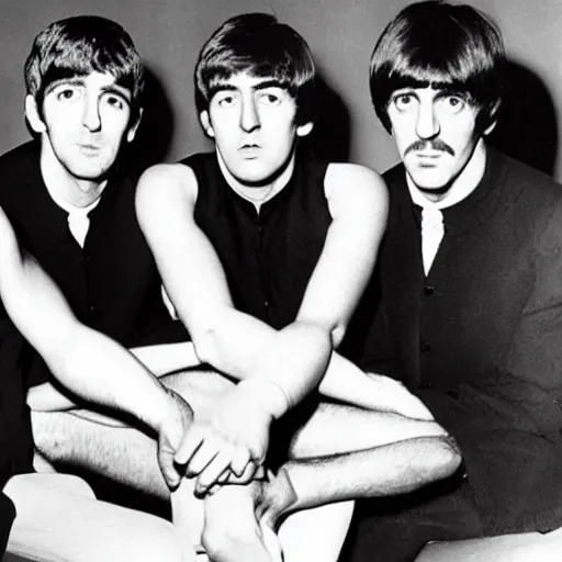 Prompt: a photo of paul, george, ringo and john all with a blank look on their faces, looking at one another